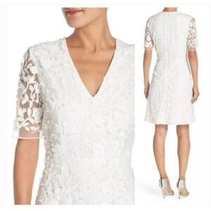Adrianna Papell White Floral Embroidered Mesh Fit & Flare Dress Women's Size 14